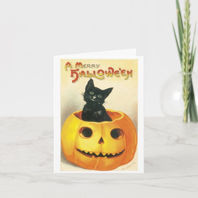 A  Merry Vintage Halloween Black Cat Card (Front)