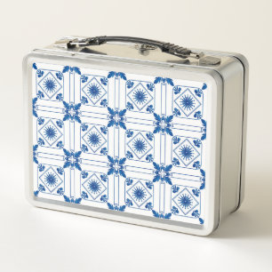 A metal lunchbox featuring a blue and white