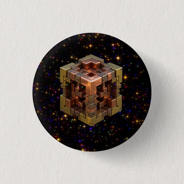 A Metallic Fractal Cube With Coloured Starbursts 1 Inch Round Button (Front)