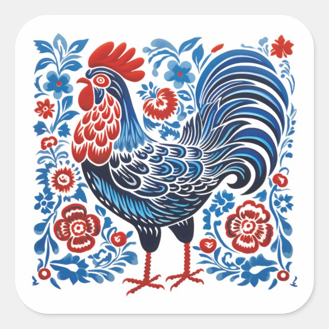 A metaphorical chicken image with a blue and white square sticker (Front)
