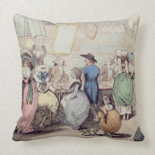 A Milliner's Shop, published in 1787 (hand coloure Throw Pillow