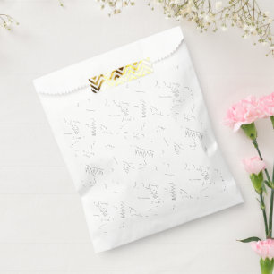 A minimalist white line art sketch depicts a simpl favour bag