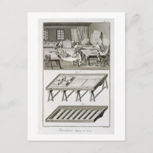 A mirror maker's workshop and tools, from the 'Enc Postcard