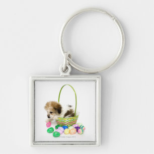 A mixed breed puppy sitting in an Easter basket Keychain