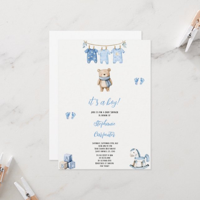 a modern  blue bear babyshower invitation (Front/Back In Situ)
