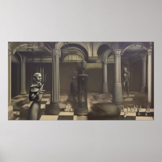 A modern surreal abstract chessboard figures mono poster