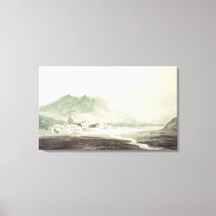 A monastery in an alpine valley (grey & blue washe canvas print