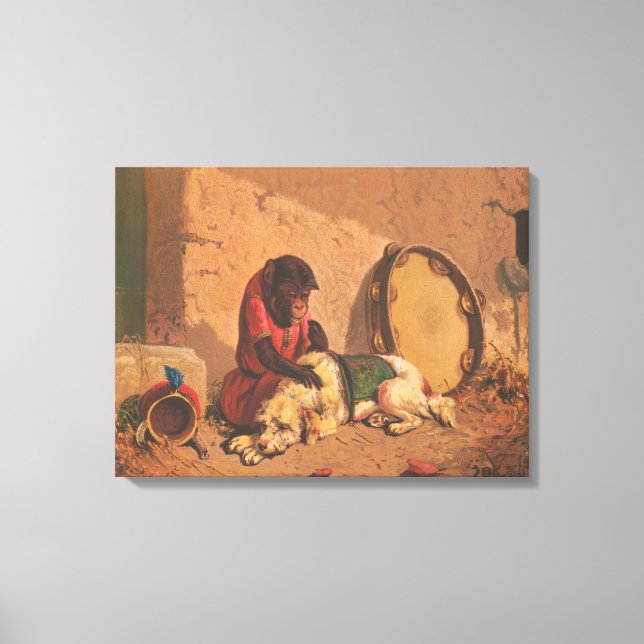 A Monkey And A Dog With A Large Tambourine Canvas Print (Front)