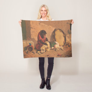 A Monkey And A Dog With A Large Tambourine Fleece Blanket