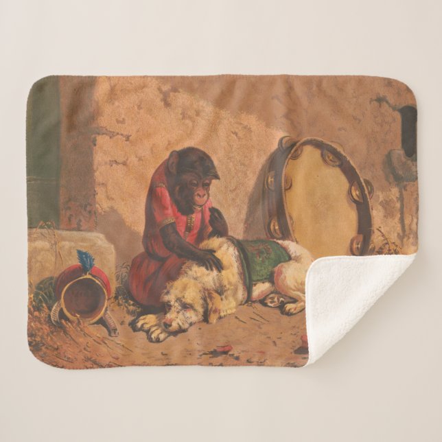 A Monkey And A Dog With A Large Tambourine Sherpa Blanket (Front (Horizontal))