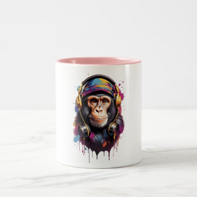 A monkey wearing headphones  2025 Two-Tone coffee mug (Center)