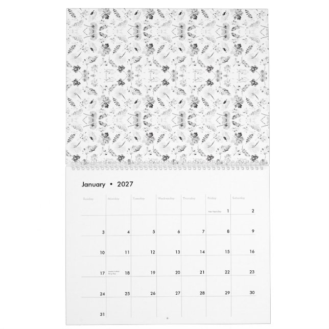 A monochromatic design showcasing a multitude of f calendar (Jan 2027)