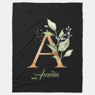 A monogram greenery eucalyptus gold glitter  fleece blanket