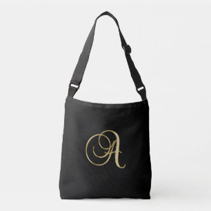 "A" Monogram Initial in gold on black. Crossbody Bag