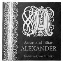A Monogram "White Lace on Black" Wedding Tile
