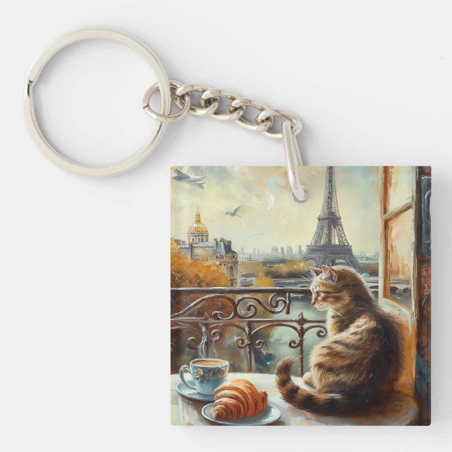 A Morning in Paris | Ginger Cat at a Cafe Keychain (Front)