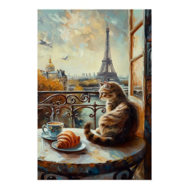 A Morning in Paris | Ginger Cat at a Cafe Poster (Front)