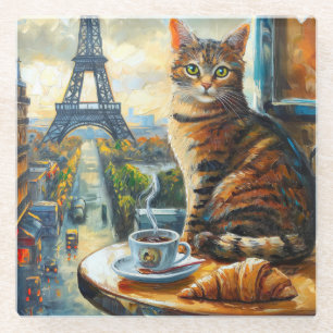 A Morning in Paris   Tabby Cat at a Cafe Glass Coaster