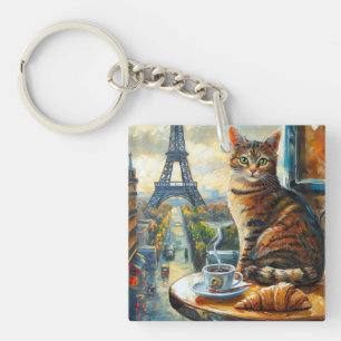 A Morning in Paris   Tabby Cat at a Cafe Keychain