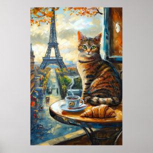 A Morning in Paris Tabby Cat at a Cafe Poster