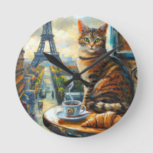 A Morning in Paris   Tabby Cat at a Cafe Round Clock