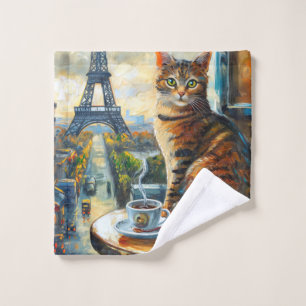 A Morning in Paris Tabby Cat at a Cafe Wash Cloth