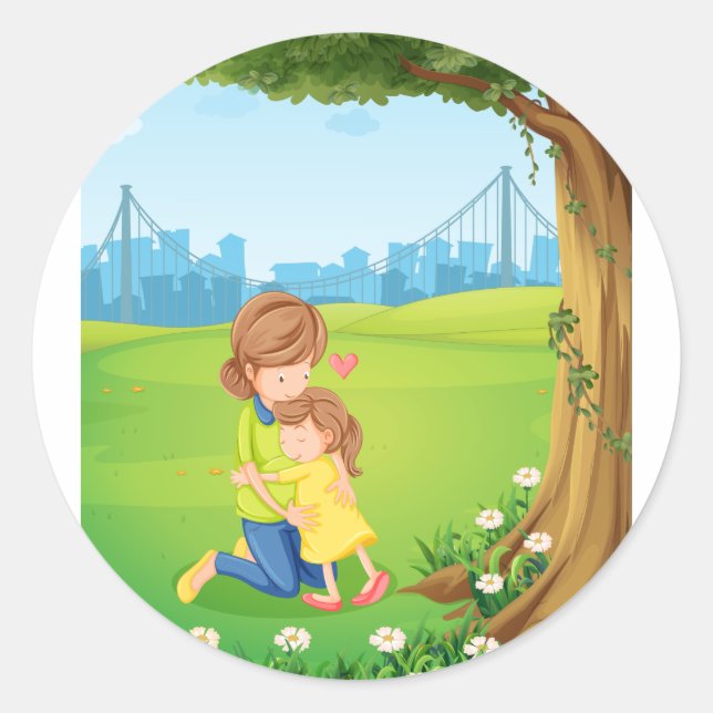 A mother hugging her daughter under the tree classic round sticker (Front)