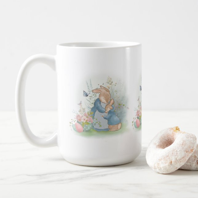 A mother rabbit with a baby rabbit in a clearing w coffee mug (With Donut)