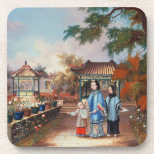 A mother with her children in a chinese garden, c. coaster