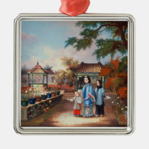 A mother with her children in a chinese garden, c. metal ornament