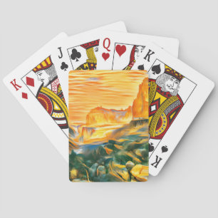 A mountain landscape with a bridge  playing cards