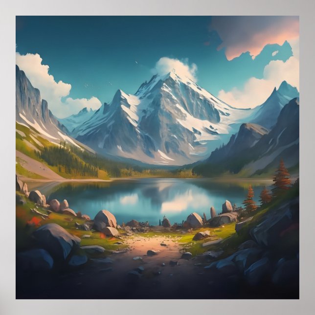 a Mountain Landscape with a Lake and Mountain Poster (Front)