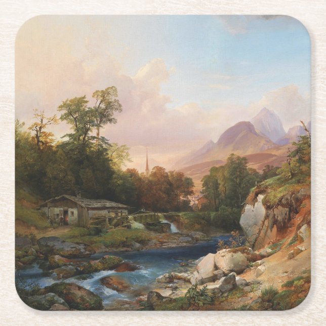 A Mountain Landscape With a Smithy Square Paper Coaster (Front)