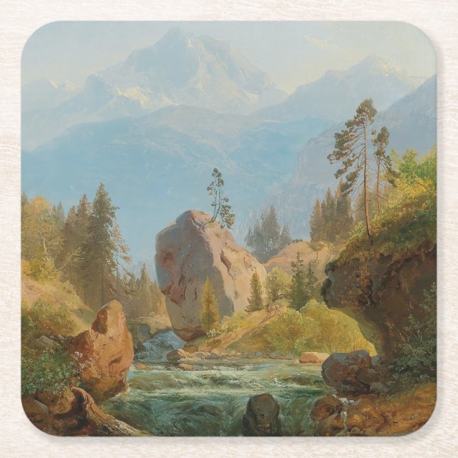 A Mountain Landscape with Creek – Albert Zimmerman Square Paper Coaster (Front)