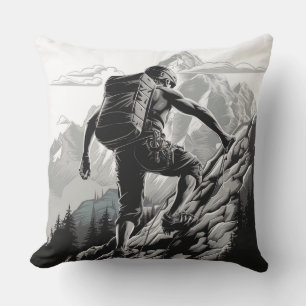 A mountaineer climbs a mountain throw pillow