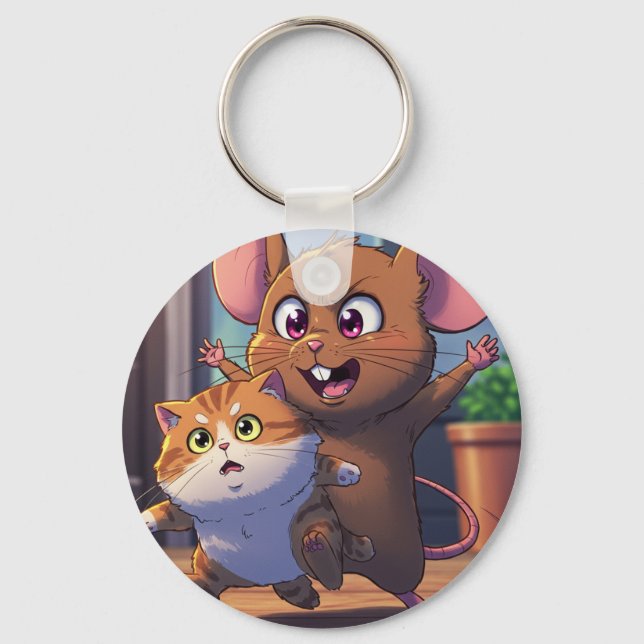  A mouse threatening a cat Keychain (Front)