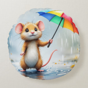 A mouse with a rainbow umbrella rain watercolor round pillow