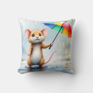 A mouse with a rainbow umbrella rain watercolor throw pillow