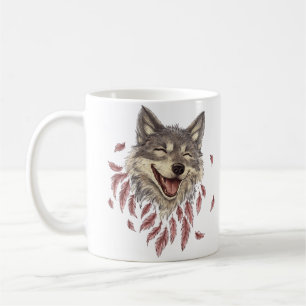 a mug with a print of a happy smiling wolf in feat