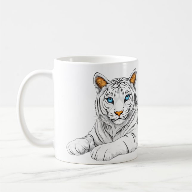 A mug with the image of a tiger with burning eyes. (Left)