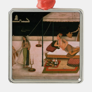 A Mughal prince receiving a lady at night Metal Ornament