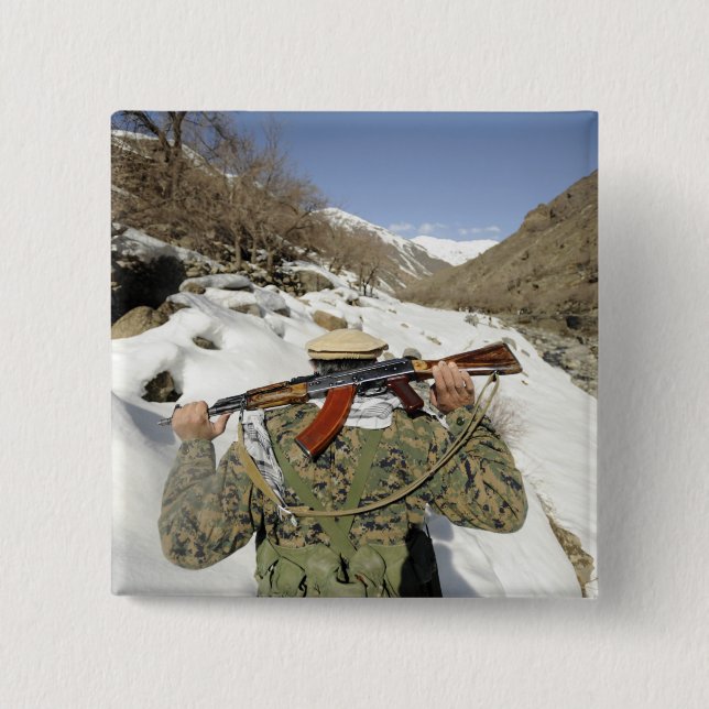 A Mujahadeen Guard walks with US Military membe 2 Inch Square Button (Front)