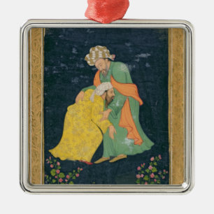 A Mullah bowing down to a man in Iranian dress who Metal Ornament