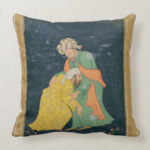 A Mullah bowing down to a man in Iranian dress who Throw Pillow