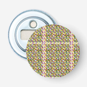 a multicolored background with squares and dots bottle opener