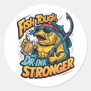 A muscular fish wearing sunglasses classic round sticker