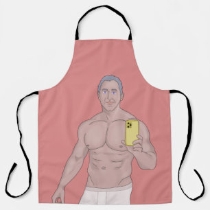 A muscular grey-haired man taking a selfie apron