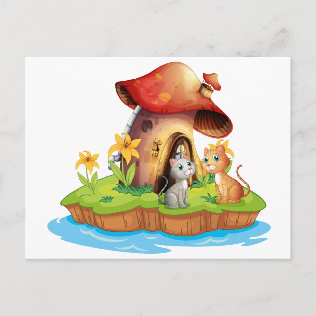 A mushroom house with two cats postcard (Front)