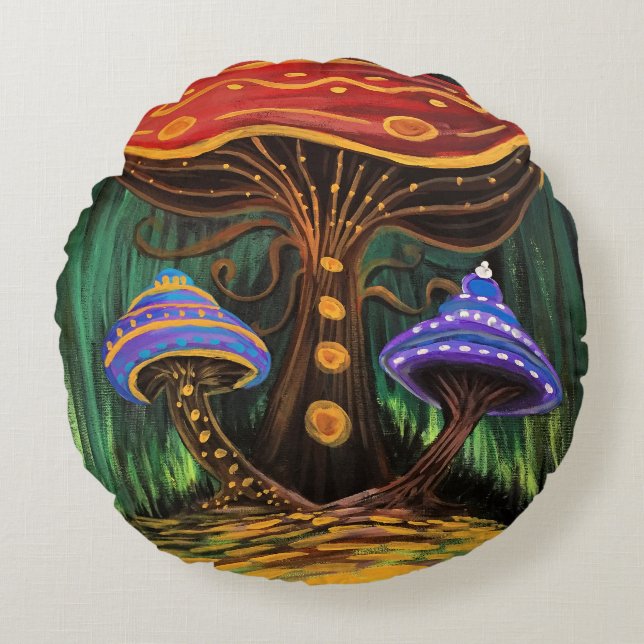 A Mushroom World Round Pillow (Front)