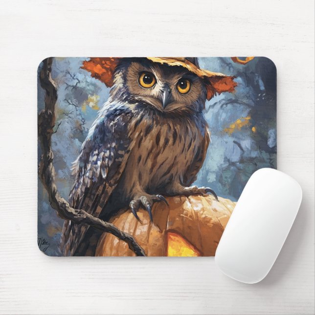 A mysterious, charming owl wearing an orange hat s mouse pad (With Mouse)